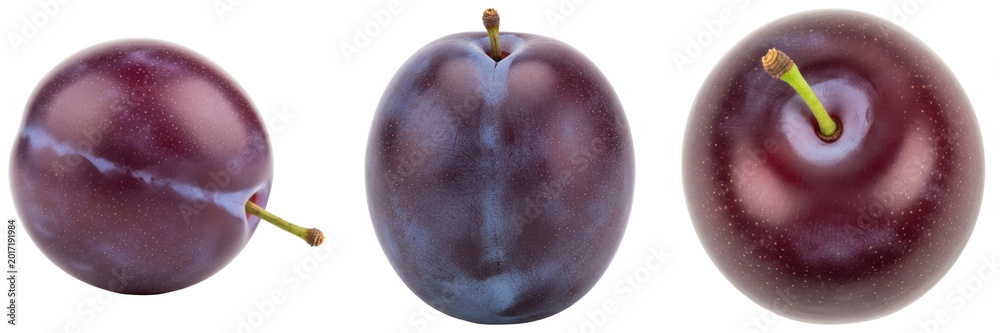 Foto Three ripe plums isolated on a transparent background