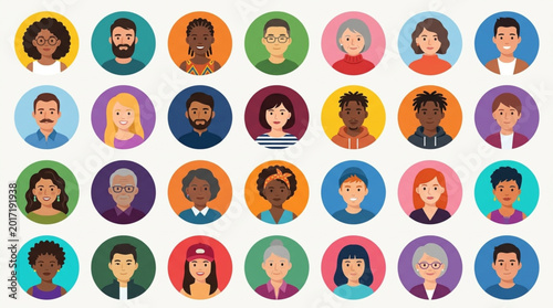 Diverse Group of People Avatars in Circular Frames.