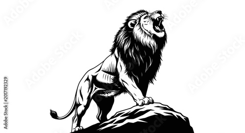 Bild auf Leinwand Majestic Lion Roaring on Rock, Powerful King of the Jungle, Black and White Illu
