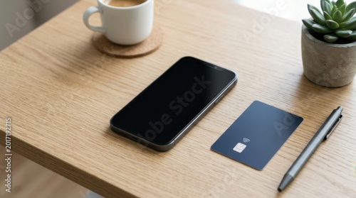 Black smartphone and blank credit card on wooden office desk.