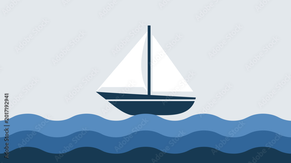Fototapeta premium Geometric sailboat on stylized water - Suitable for boat rental websites, vacation promotions, or sea illustrations.