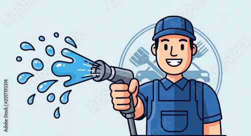 Bild auf Leinwand Smiling man in uniform holding a pressure washer spraying water.