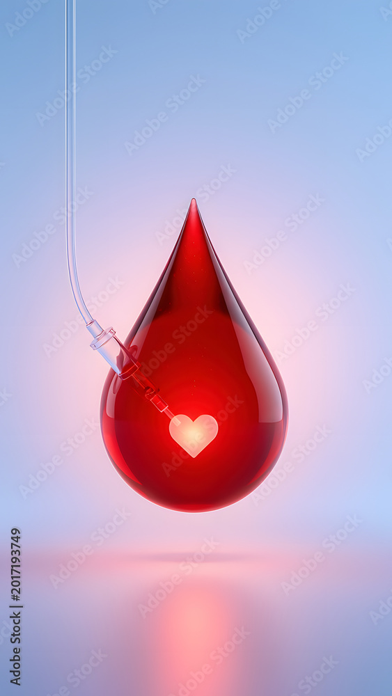 Fototapeta premium Modern medical charity concept with transparent blood drop and heartbeat inspiration