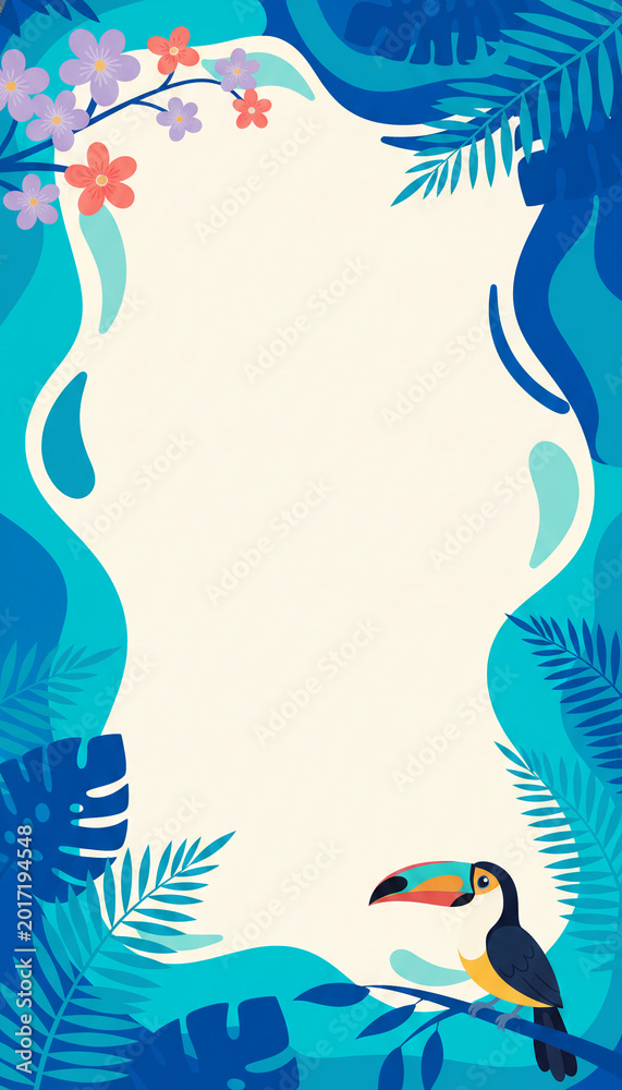 Fototapeta premium Toucan perched on a branch surrounded by lush blue foliage and tropical flowers, symbolizing nature, vacation, and exotic destinations