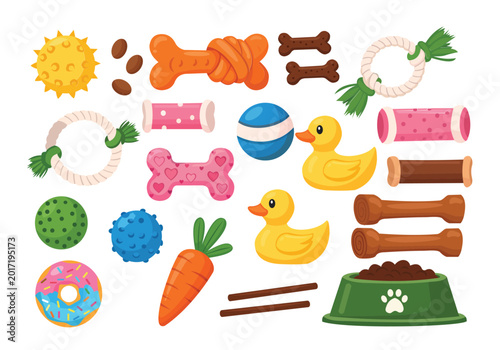 Foto Set of various pet toys and accessories for dogs and cats, flat vector collectio
