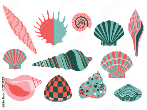 Fotografi Set of various colorful sea shells in flat vector style