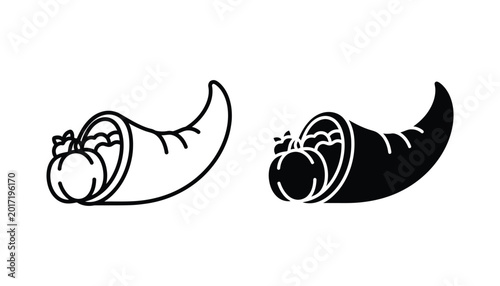Tableau sur toile Cornucopia horn of plenty vector icon set showing harvest vegetables in outline