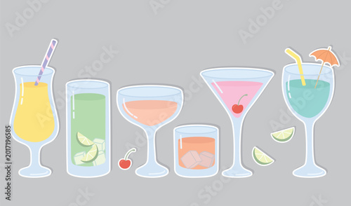 Decorative illustration of cocktail and glasses with different beverages. Sticker pack of colorful drinks with straw, lime slices, ice, cherry and umbrella