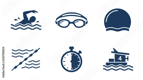 Canvastavla Collection of swimming-related icons depicting a swimmer, goggles, cap, waves, s