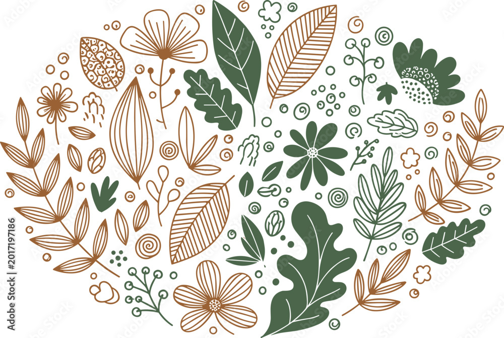 Fototapeta premium Hand-drawn botanical illustration with leaves and flowers in oval shape, doodle style.