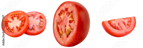 Fresh tomato slices and a half tomato isolated on transparent background