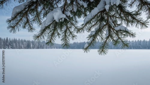 Snowcovered pine branches over winter forest and frozen lake landscape under blue sky