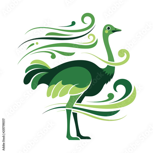 Fotografija Stylized Green Ostrich with Swirling Decorations - Vector Illustration