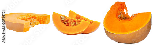 Obraz na płótnie Three different cuts of a ripe orange pumpkin with seeds visible, isolated on tr