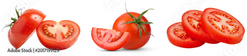 Whole and sliced fresh red tomatoes with water droplets, isolated on transparent background