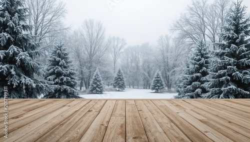 Snowy pine trees and frosty winter forest with wooden deck perspective on a cold overcast day