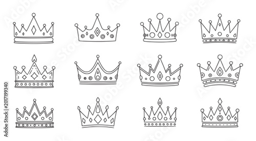 Cuadro en lienzo Collection of twelve hand drawn outline crowns white royalty symbol regal king