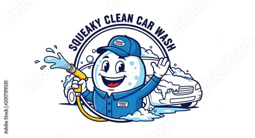 Foto Squeaky Clean Car Wash Mascot Character Washing a Car.