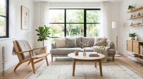Modern minimalist living room interior with cozy sofa and wooden furniture.