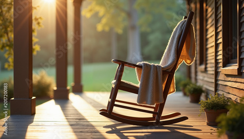 Rocking chair in warm sunlight on porch with tranquil atmosphere, green background