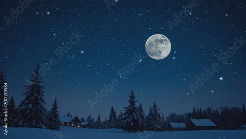 Full moon shining over snowy pine forest at night with starry sky and cozy cabins in winter countryside