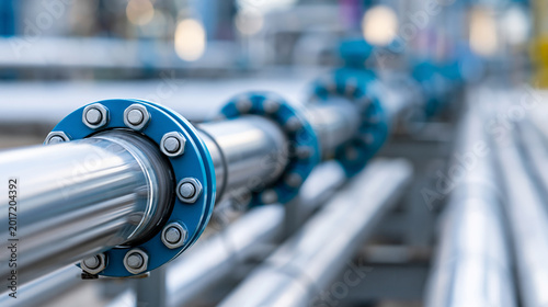 Close-up of pipeline and pipe rack at an oil and chemical industrial plant showing liquid distribution, industrial infrastructure concept, main pipeline close-up, chemical plant