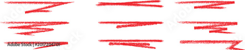 Foto Set of red grunge brush strokes with dry paint texture, rough hand drawn ink streaks and smear lines, abstract artistic elements isolated for banners, highlights, and creative design overlays