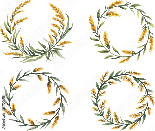 Bild auf Leinwand set of Watercolor A Goldenrod Stem flower wreath frame vector illustration isola
