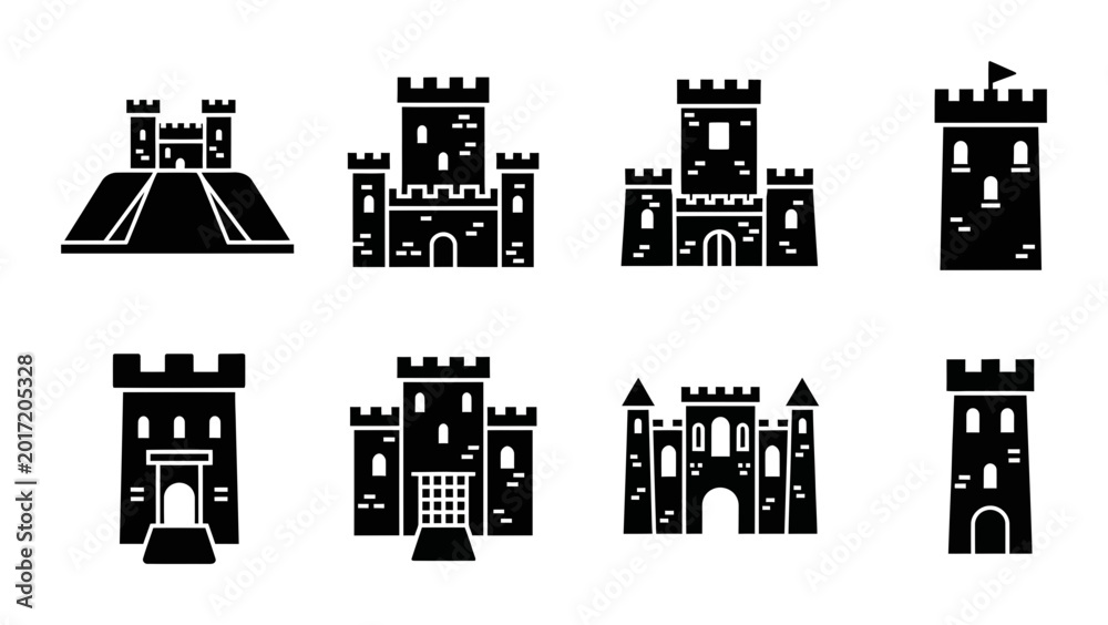 Naklejka premium Medieval Castle Icons, Fortress Vector Set, Royal Palace Graphics, Historic Landmark Silhouettes