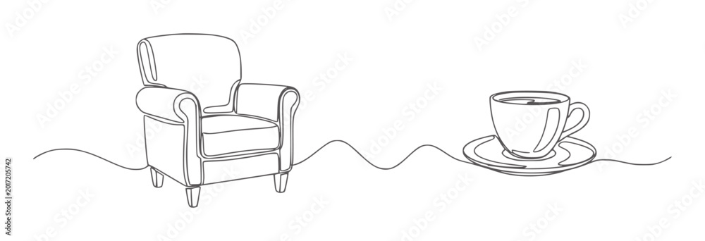 Ταπετσαρία Single line of a comfortable armchair and a cup of coffee a saucer furniture