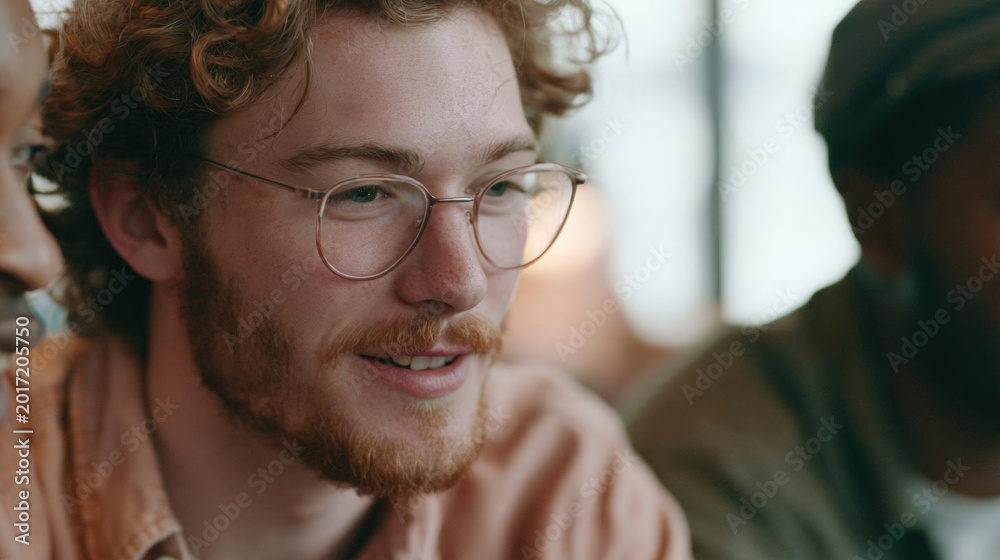 Fototapeta premium Close-up portrait of a young man with curly red hair and glasses. he is smiling and looking directly at the camera. he has a beard and is wearing a peach-colored shirt.