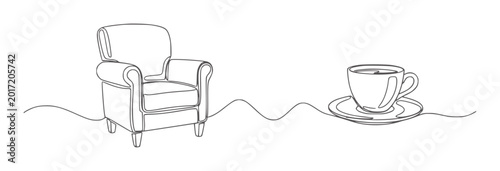 Φωτογραφία Single line of a comfortable armchair and a cup of coffee a saucer furniture