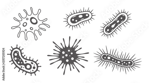 Six stylized hand drawn bacteria and virus microbe germ cell