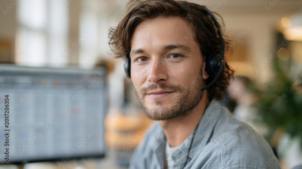 Naklejka premium Close-up portrait of a young man wearing a headset. he has shoulder-length curly hair and a beard. he is wearing a gray shirt and is sitting in front of a computer monitor.