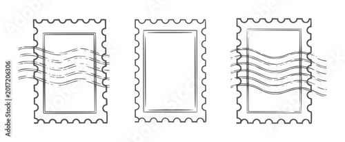 Tableau sur toile Three postage stamps with wavy lines indicating cancellation marks