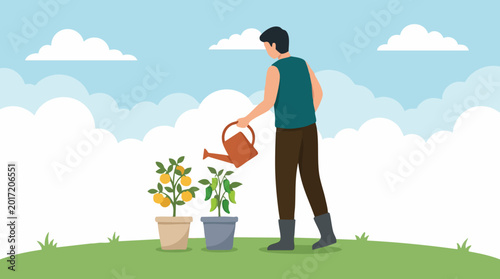 Foto Gardening at home: Man watering potted fruit and vegetable plants