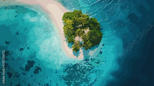 Картината върху платно Aerial View Of A Small Green Island With A Sandy Beach Surrounded By Turquoise O
