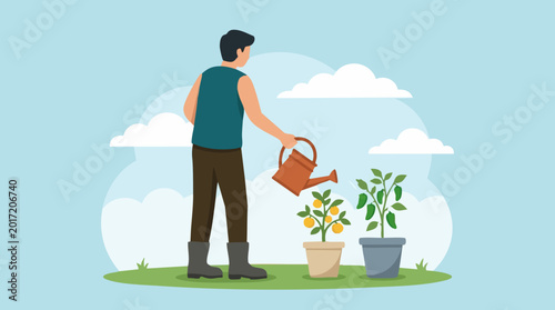 Quadro su tela Man watering potted fruit and vegetable plants in an outdoor garden
