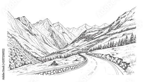 Fotografie Winding mountain road through a valley with pine trees and rocky slopes