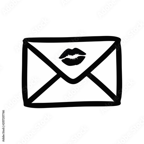 Envelope with lipstick kiss mark. Romantic message and love letter concept. Hand-drawn line art vector illustration. Isolated on transparent background