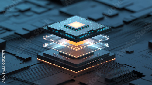 A stack of futuristic, glowing processor chips with blue and orange light a dark, circuit board textured background symbolizing advanced technology.