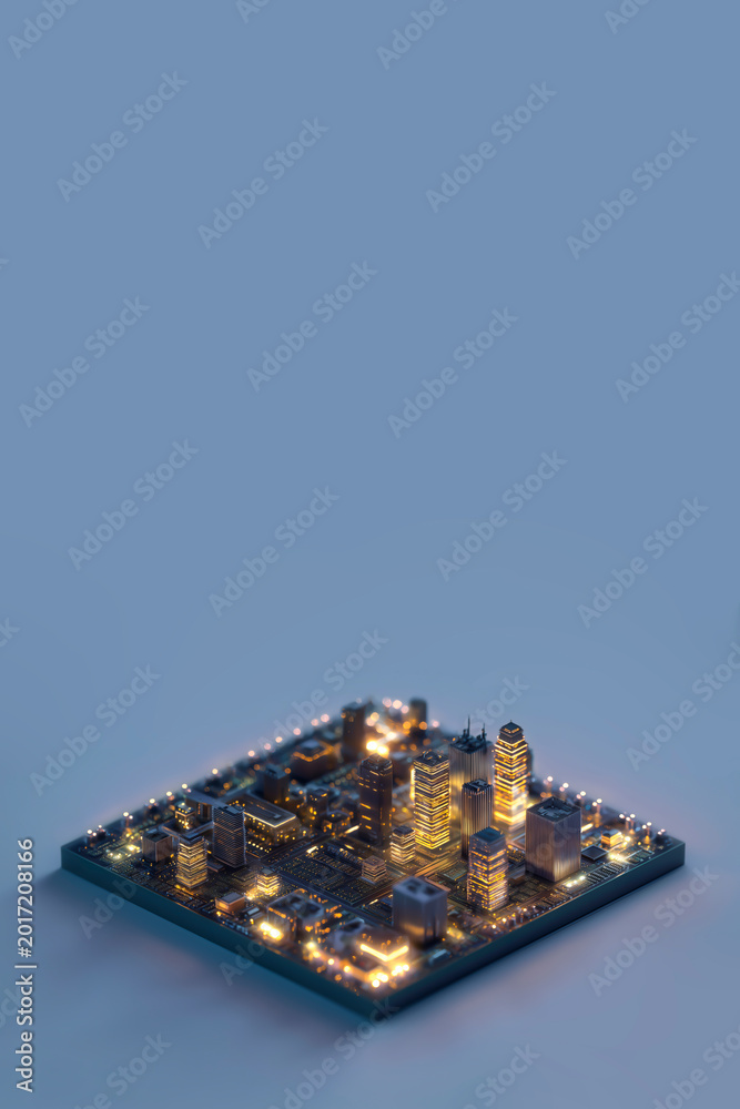 Obraz premium Microchip with glowing night city emerging, digital infrastructure concept