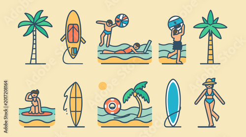Photography Pixel Art Beach Scene With Palm Trees People Playing And Surfing In The Ocean