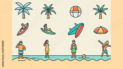Obraz na plátně Pixel Art Beach Scene With Palm Trees Surfers And Sunbathers Enjoying Summer Vac