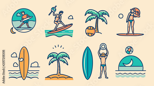 Canvas Print Pixel Art Beach Scene With Surfers Palm Trees And Volleyball In Warm Tones