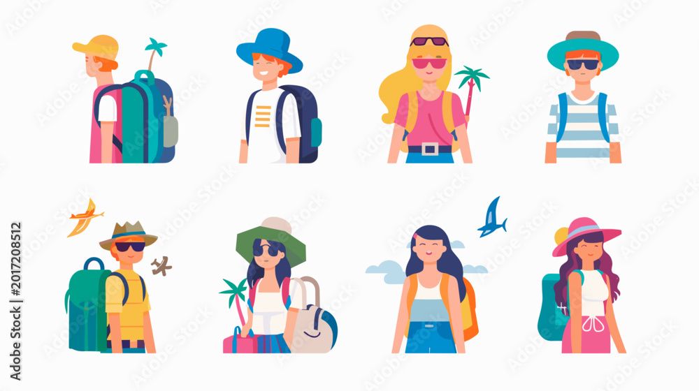Fototapeta premium Pixel Art Characters Diverse Group Casual Summer Vacation Outfits Diverse People Traveling Together