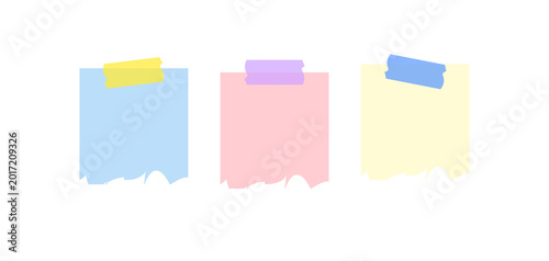 Set of colorful ripped paper sticky notes with adhesive tape on transparent background