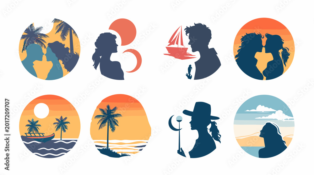 Fototapeta premium Pixel Art Silhouettes Of Couples And Beach Scenes At Sunset