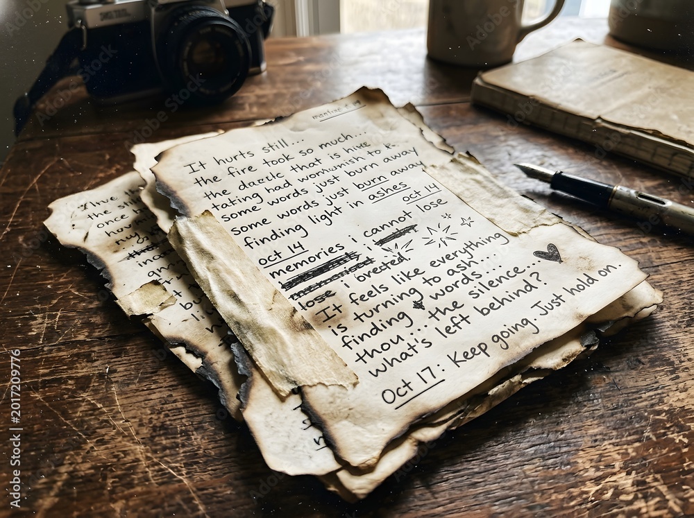 Naklejka premium Vintage camera, notebook, and pens on a wooden table with handwritten pages.
