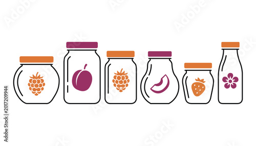 Photos Set of glass jars and bottles with fruit and flower icons for homemade jam and j